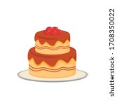 Delicious cake cartoon vector illustration. Served sweet pastry, creamy bakery flat color object. Confection, baked sugary dessert serving, tasty food on plate isolated on white background