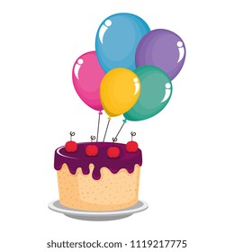 delicious cake with cherries and balloons helium