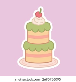 Delicious cake with Cherry on Top Illustration Vector. Clipart Sticker of Cake Sweet Dessert. Birthday Cake Clipart. Cake in Flat Design Vector. 
