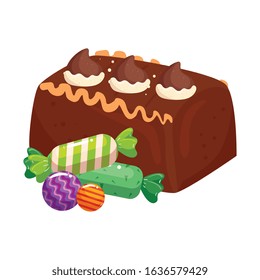 delicious cake chocolate with candies isolated icon vector illustration design