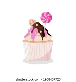 Delicious cake in chocolate glaze with sweet dragees and lollipop. Vector illustration isolated on white background.