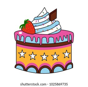 Delicious cake with chocolate and strawberry, vector, colored,