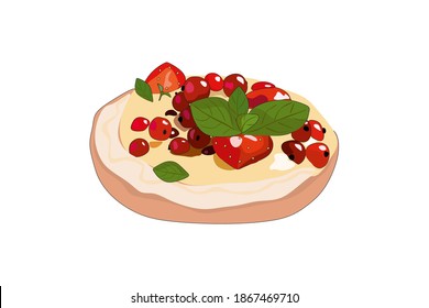 Delicious cake with cream, berries and mint. Vector illustration.