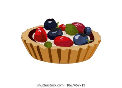 Delicious cake with cream, berries and mint. Vector illustration.