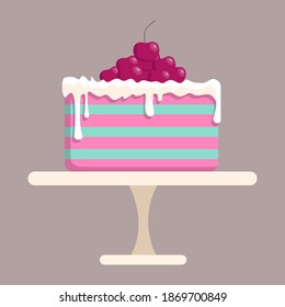 Delicious cake with cream and cherries. Multi-colored cakes. Cherry cake on a platter. Creamy cream topping, berry dessert. Isolated