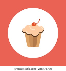 Delicious cake with cream and cherry. Flat icon isolated on white