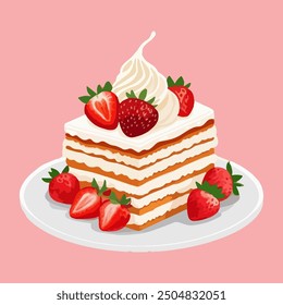 Delicious cake with a cream and strawberry on top. Cute strawberry dessert in flat cartoon isolated on pink background	