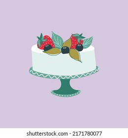 Delicious cake decorated with berries and mint leaves on cake stand. Tasty dessert, confection or sweet pastry. Hand drawn vector illustration.
