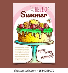 Delicious Cake Decorated With Fruits Poster Vector. Summer Cake Pie With Orange, Strawberry And Pineapple On Pedestal Plate Template Hand Drawn In Vintage Style Colored Illustration