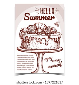 Delicious Cake Decorated With Fruits Poster Vector. Summer Cake Pie With Orange, Strawberry And Pineapple On Pedestal Plate Template Hand Drawn In Vintage Style Monochome Illustration