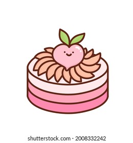 Delicious cake decorated with peaches isolated on white background. Tasty dessert, confection or sweet pastry. Kawaii cartoon vector illustration.