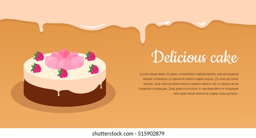 Delicious cake. Excellent cake. Strawberry pie vector Illustration. Flat design. Home baking. Tasty sweet fruit cake, covered glaze, with berry. For bakery, confectionery, cafe advertising, menu app