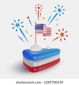 Delicious cake with flag and fireworks. Festive art object for usa independence day. American national celebration design element. Bright vector 3d cartoon illustration in minimal realistic style.