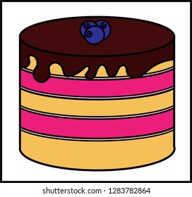 Delicious cake with fruits and chocolate. Vector illustration