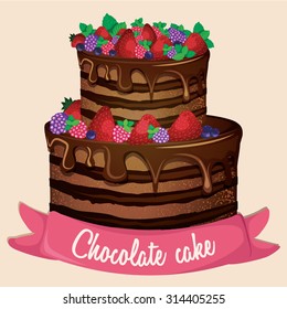 Delicious cake with fruits and chocolate. Vector illustration 