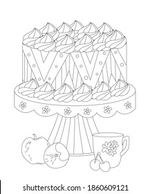 delicious cake with fruits and cup of tea for your coloring book