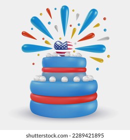 Delicious cake with heart and fireworks. Festive art object for usa independence day. American national celebration design element. Bright vector 3d cartoon illustration in minimal realistic style.