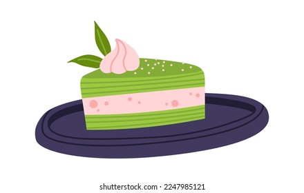 Delicious cake with matcha on plate flat icon. Vector illustration