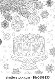 delicious cake on stand under branches of pine with balls against falling snowflakes for your coloring book