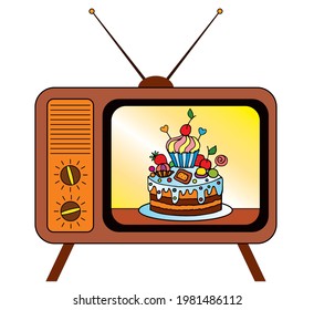 Delicious cake on a vintage television set. Colored vector for card or gift.