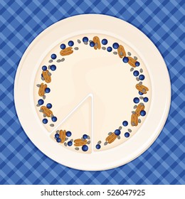 Delicious cake with pecan and berries top view
