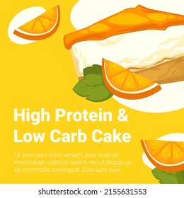 Delicious cake or pie with orange slice and mint herb decor. Tasty meal high in protein and low carbs. Dessert in pastry shop or bakery. Advertisement banner, ads marketing poster. Vector in flat