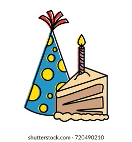 delicious cake portion with candle and hat