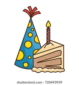 delicious cake portion with candle and hat