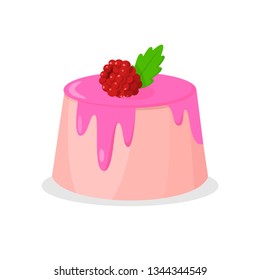 Delicious Cake with Raspberry Vector Illustration. Delicious Dessert Color Cartoon Drawing Sweet Pudding with Glaze. Pastry Shop, Confectionery, Buffet, Bakery Isolated Design element