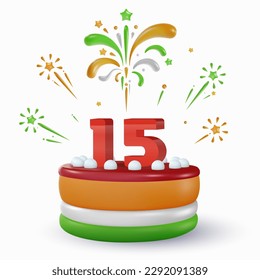 Delicious cake with red number 15. Festive art object for india independence day. Colorful national celebration design element. Bright vector 3d cartoon illustration in minimal realistic style.