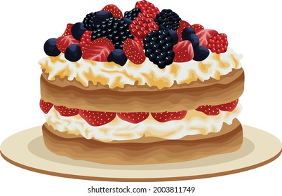 delicious cake with strawberry, blueberry, cheese cream topping vector illustration
