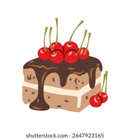 Delicious cake topped with rich chocolate frosting and a ripe cherry, set against a clean black backdrop, perfect for illustrating desserts and baked goods.