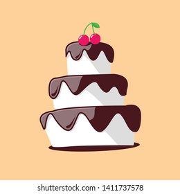 Delicious Cake. Vector Isolated Graphic Design Illustration. Chocolate glaze, cream, cherry berry. Dessert, wedding, birthday, anniversary cake. Bakery, pastry. Flat, cartoon, comic, simple style