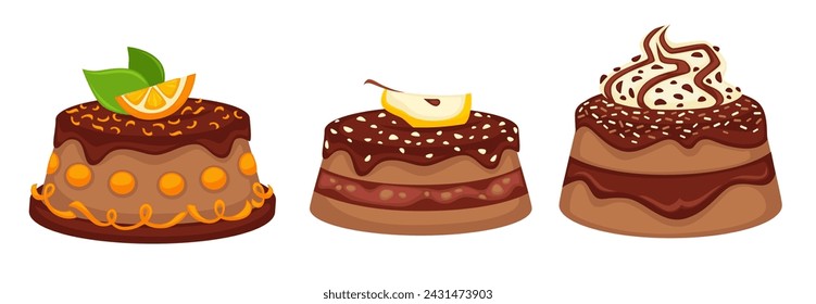 Delicious cakes or biscuits with chocolate glazing and fruit decor. Isolated meal with pear or apple, lemon or orange slice with mint. Tasty food from cafe or restaurant. Vector in flat style