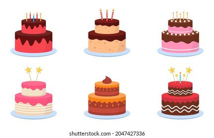Delicious Cakes with Candles for Birthday Party Set. Collection of Cute Cakes with Icing Chocolate Cream on Plate for Anniversary, Wedding. Colorful Sweet Tasty Bakery. Isolated Vector Illustration.