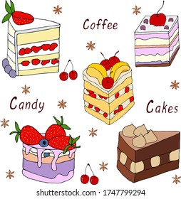 Delicious cakes with cherries and strawberries for the holiday. Vector hand draw  Illustration EPS10