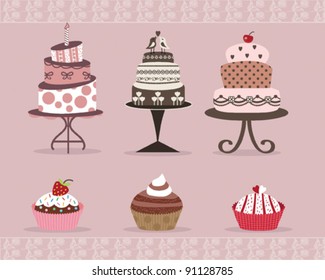 Delicious Cakes and Cup Cakes Design on Pink Background