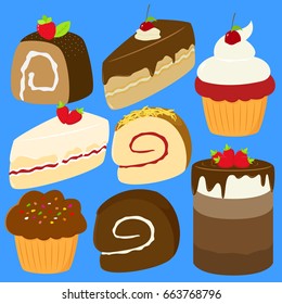 delicious cakes, cupcakes, and swiss roll vector set