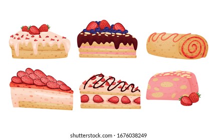 Delicious Cakes and Desserts with Berry and Chocolate Toppings Vector Set
