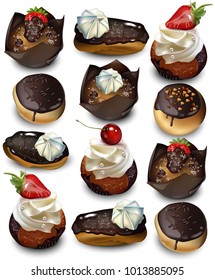 Delicious cakes pattern Vector realistic. Muffin, cupcakes and eclaire