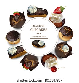 Delicious cakes round card Vector realistic illustrations