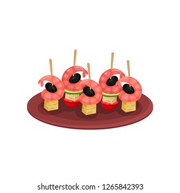 Delicious canape with shrimps, black olives, cheese, tomato and cucumber. Tasty snack. Flat vector design