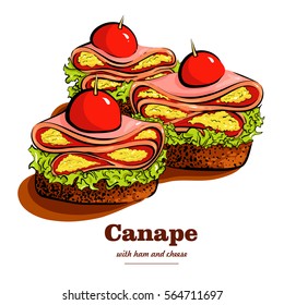 Delicious canapes with ham and cheese, cherry tomatoes on a sesame bun. Sandwiches on skewers