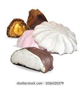 Delicious candies with chocolate and nuts. Tasty marshmallow. Design elements for cake packaging. Vector illustration. Sweets in triangulation technique. Image low poly.