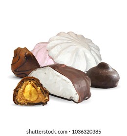 Delicious candies with chocolate and nuts. Tasty marshmallow. Design elements for cake packaging. Vector illustration. Sweets in triangulation technique. Image low poly.