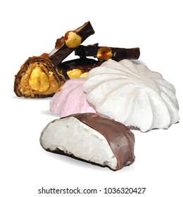 Delicious candies with chocolate and nuts. Tasty marshmallow. Design elements for cake packaging. Vector illustration. Sweets in triangulation technique. Image low poly.