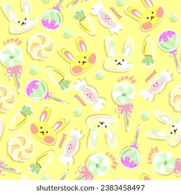 
Delicious candies and cute rabbit face on yellow background. Seamless pattern vector design.