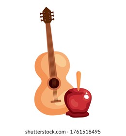 delicious candy apple with classical wooden guitar on white background vector illustration design