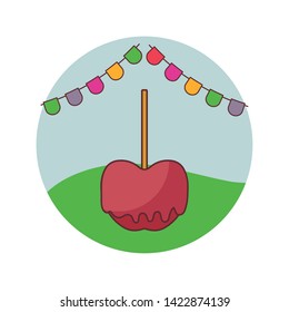 delicious candy apple with garlands in frame circular