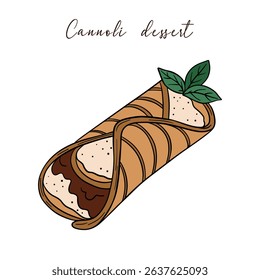 Delicious cannoli dessert with filling cream, chocolate and  ricotta cheese and  mint garnish. Sweet treat goods bakery culinary and super tasty. Baked snack outline art